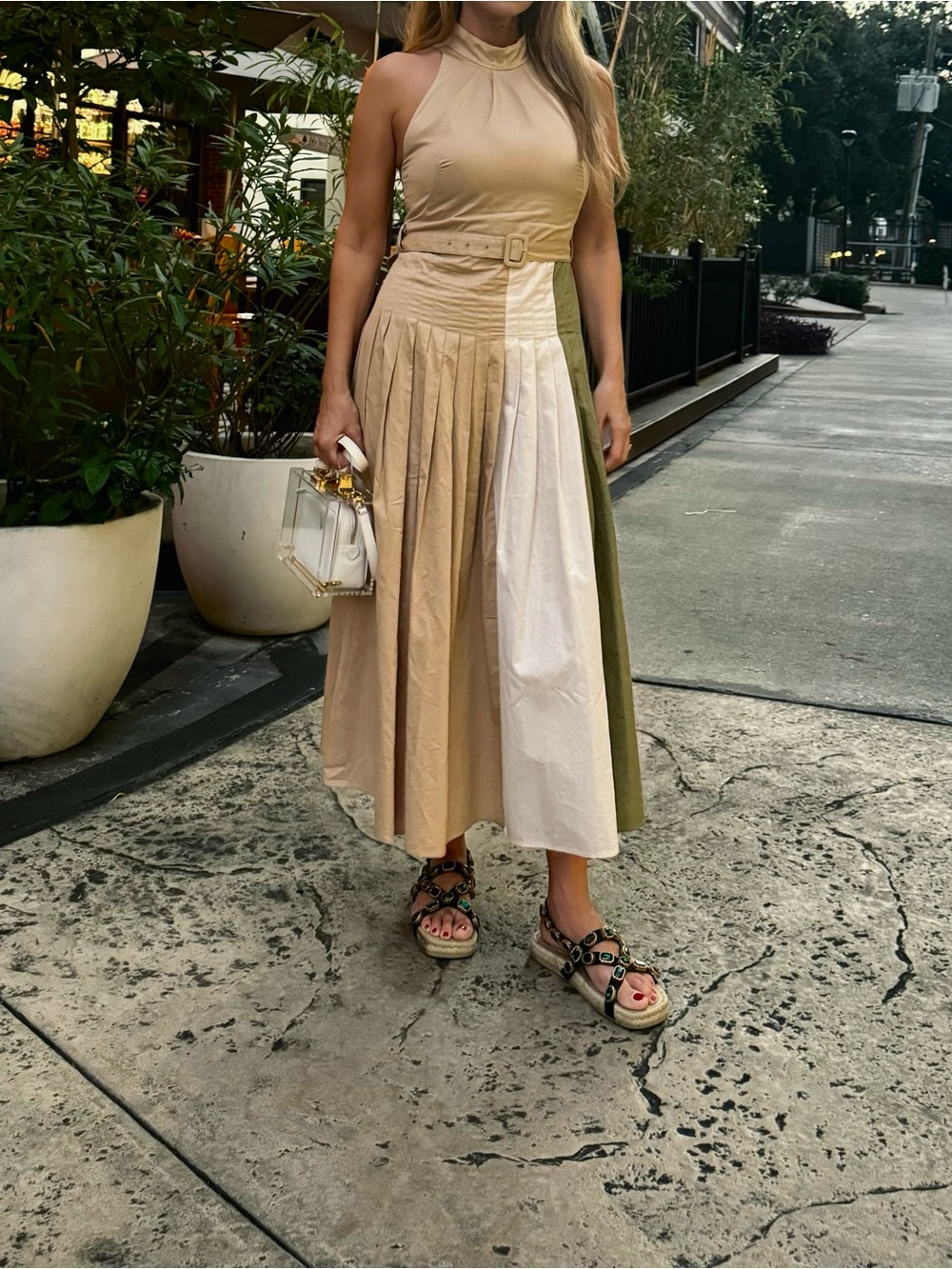 En Saison Neutral Colorblock Pleated Midi Skirt - Beige, Cream & Olive